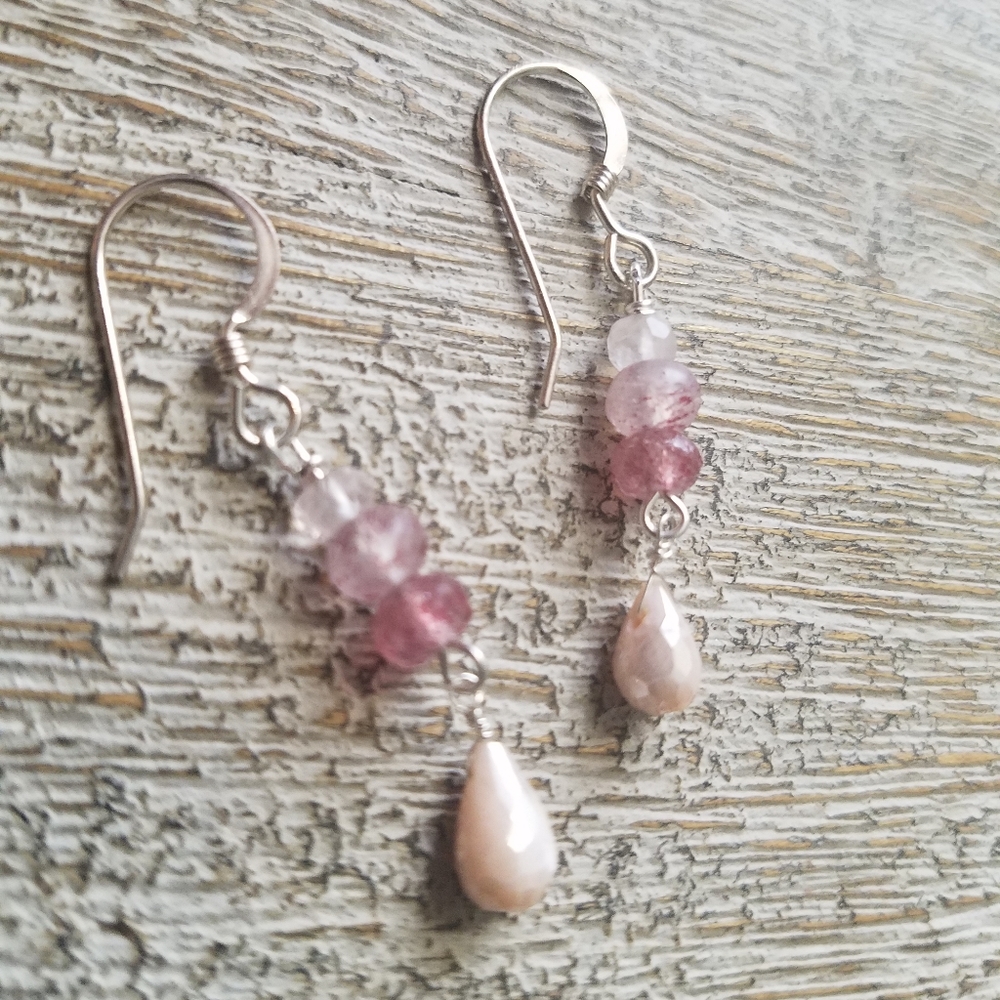 Moonstone & strawberry quartz chandelier earrings.